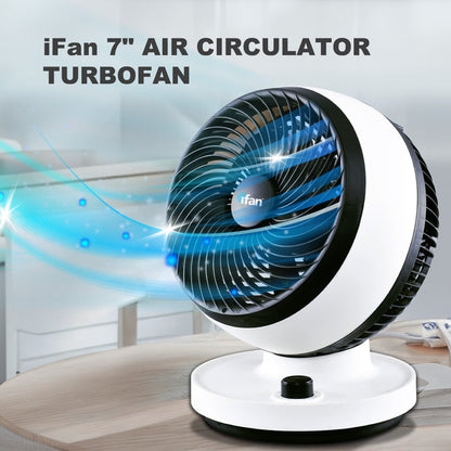 iFan 7" Air Circulator Fan - Turbo, Powerful Airflow, Desk Fan, Adjustable Tilt, Oscillation, Portable, 3-Speed, black & white, IF7530