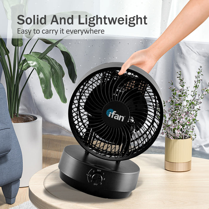 iFan 9" Air Circulator Fan – Concentrated Airflow, Desk Fan, Adjustable Tilt, Oscillation, Portable, Silent, 3-Speed, black, IF7409