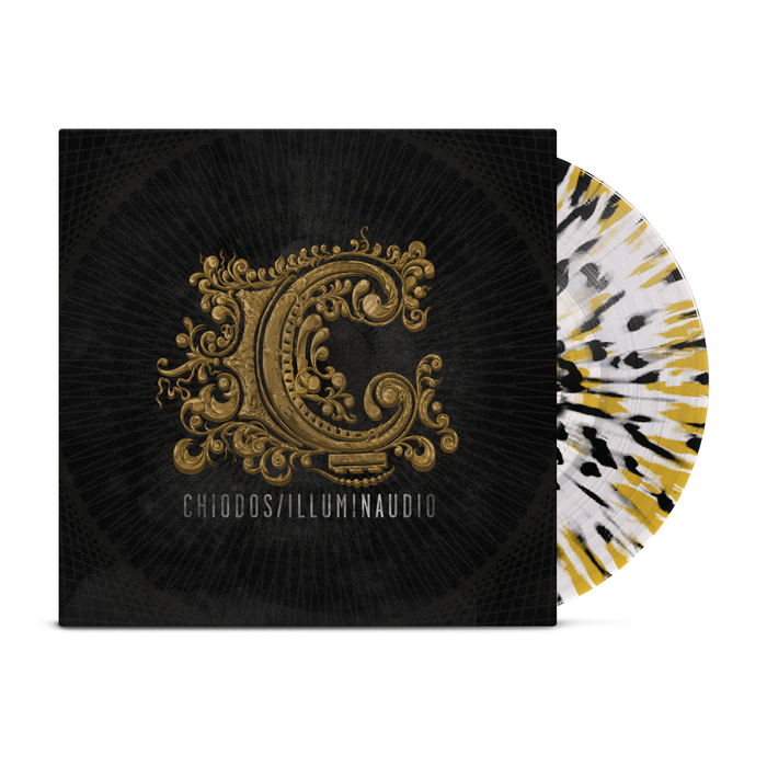 Limited edition Chiodos Illuminaudio vinyl record in clear with gold and black splatter, partially sleeved with a large ornate gold C on textured black and Chiodos/Illuminaudio written below.