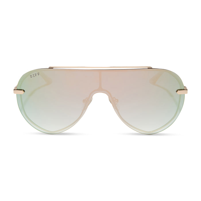 diff eyewear featuring the imani shield sunglasses with a gold frame and cool matcha green mirror lenses front view
