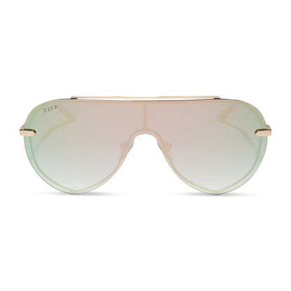 diff eyewear featuring the imani shield sunglasses with a gold frame and cool matcha green mirror lenses front view