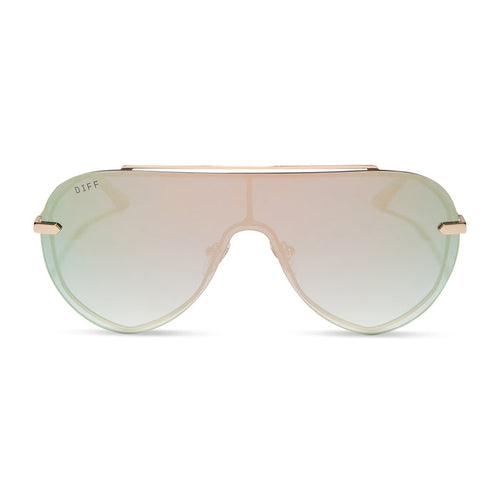diff eyewear featuring the imani shield sunglasses with a gold frame and cool matcha green mirror lenses front view