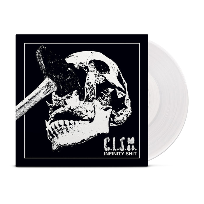 A white vinyl peeks out of a black jacket with a skull being caved in by a maul. The words "C.L.S.M. Infinity Shit" are in the bottom right corner.