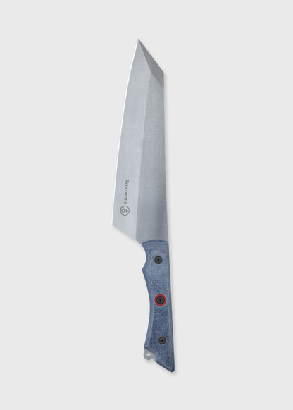 A chef's knife with a sleek silver blade and a textured blue handle, featuring black and red accents, on a plain background.