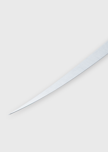 A sharp, curved sword blade on a white background, showcasing its sleek, pointed edge and smooth metallic surface.