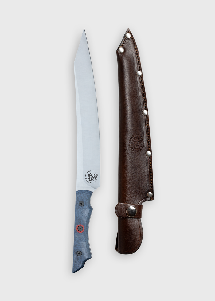 A sleek knife with a blue handle and a sharp blade beside a brown leather sheath, adorned with metal rivets, on a white background.