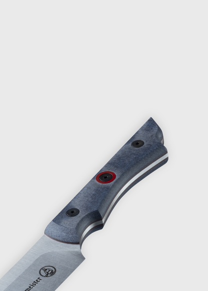 Close-up of a knife handle with a sleek, modern design, featuring blue tones and red accents, against a plain white background.