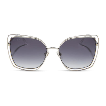 diff eyewear featuring the jacqueline square sunglasses with a silver frame and grey gradient lenses front view