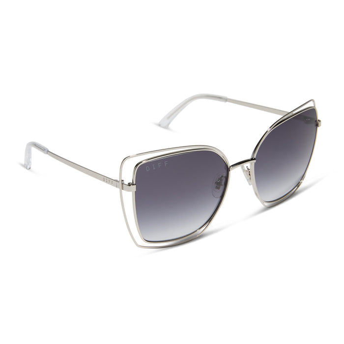 diff eyewear featuring the jacqueline square sunglasses with a silver frame and grey gradient lenses angled view