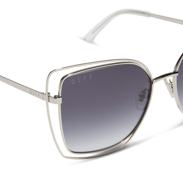 diff eyewear featuring the jacqueline square sunglasses with a silver frame and grey gradient lenses detailed view