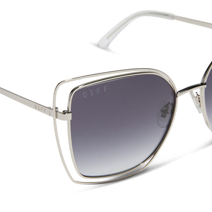 diff eyewear featuring the jacqueline square sunglasses with a silver frame and grey gradient lenses detailed view