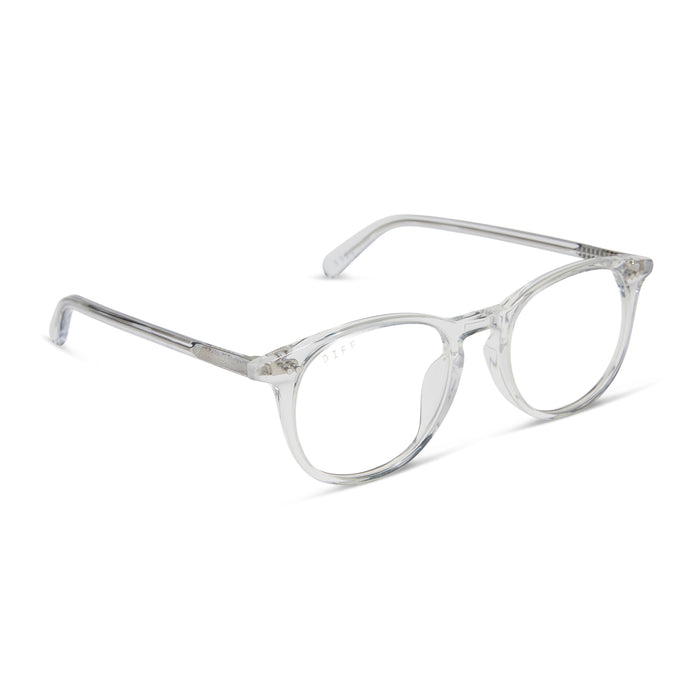 diff eyewear featuring the jaxson square prescription glasses with a clear crystal frame angled view