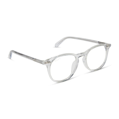 diff eyewear featuring the jaxson square prescription glasses with a clear crystal frame angled view