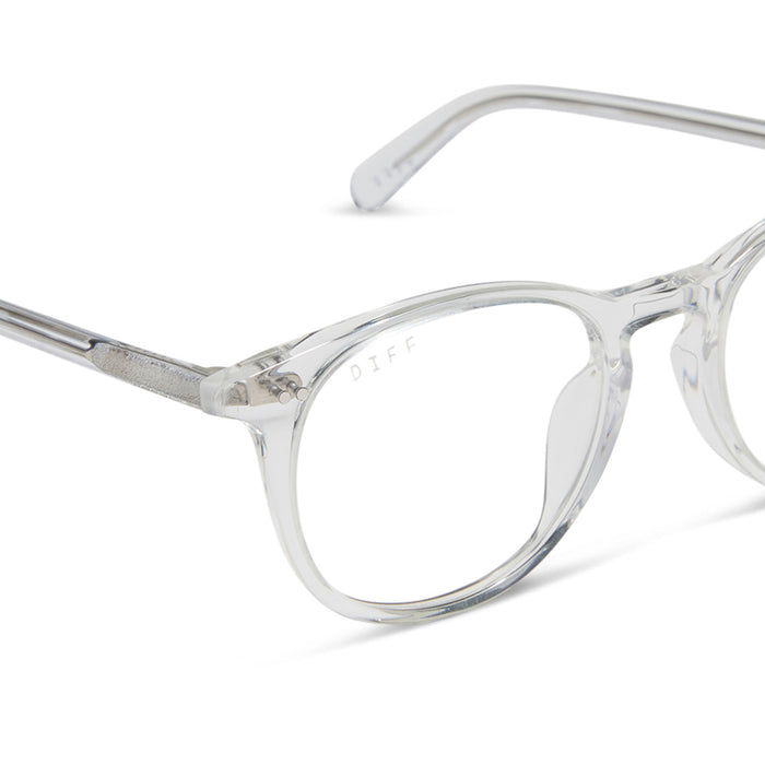 diff eyewear featuring the jaxson square prescription glasses with a clear crystal frame detailed view