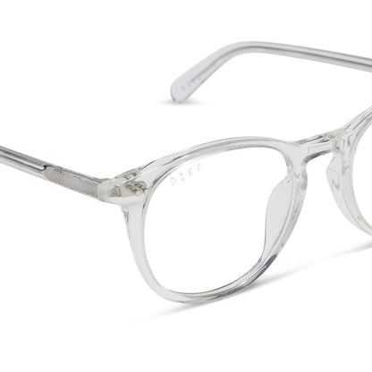 diff eyewear featuring the jaxson square prescription glasses with a clear crystal frame detailed view