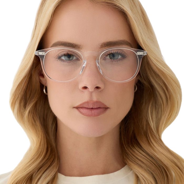 on model - female wearing diff eyewear featuring the jaxson square prescription glasses with a clear crystal frame front view