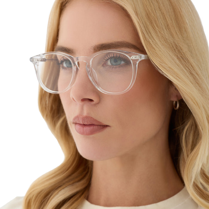 on model - female wearing diff eyewear featuring the jaxson square prescription glasses with a clear crystal frame angled view