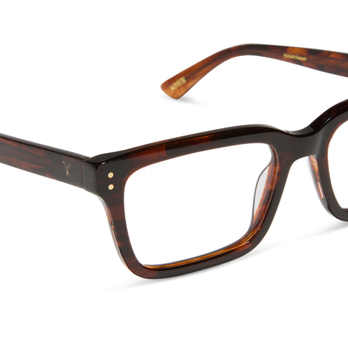 yellowstone x diff eyewear featuring the john dutton rectangle prescription glasses with a sequoia tortoise frame detailed view