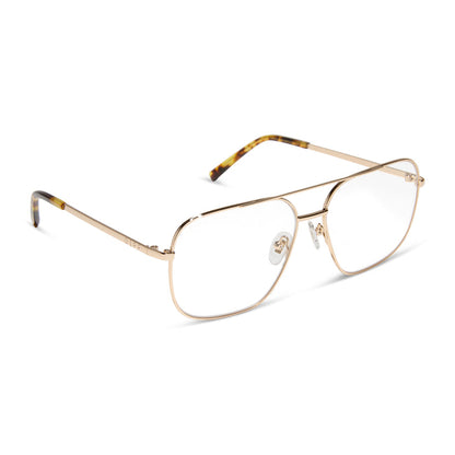 diff eyewear featuring the jonas aviator blue light technology glasses with a gold metal frame angled view