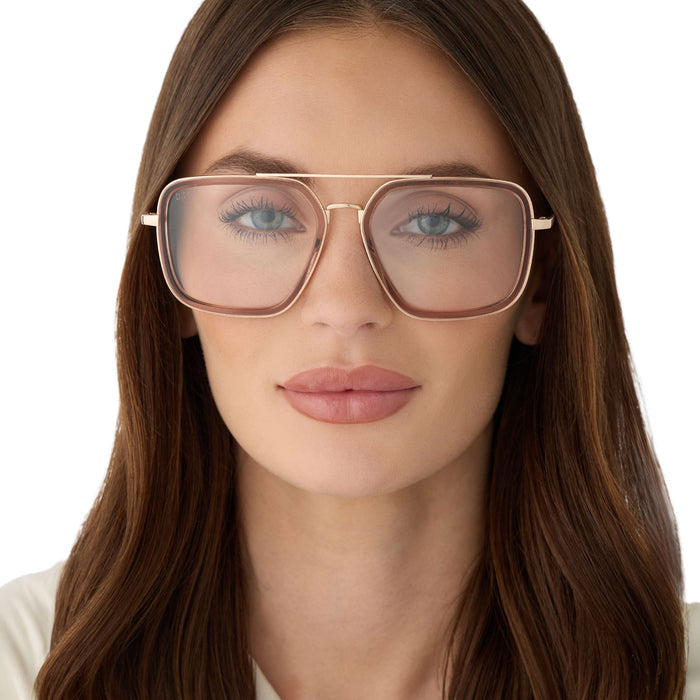 on model - female wearing diff eyewear featuring the jordan navigator glasses with a brown café ole frame front view