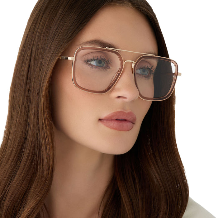 on model - female wearing diff eyewear featuring the jordan navigator glasses with a brown café ole frame detailed view
