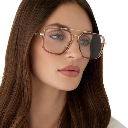 on model - female wearing diff eyewear featuring the jordan navigator glasses with a brown café ole frame detailed view
