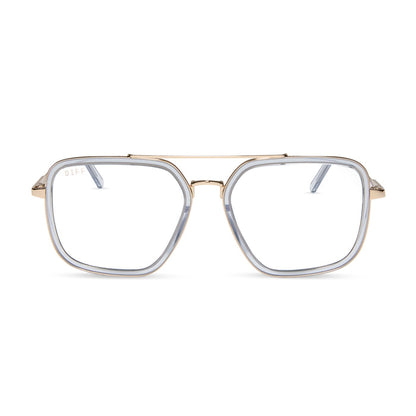 diff eyewear featuring the jordan navigator prescription glasses with a gold frame, clear crystal temple tips front view