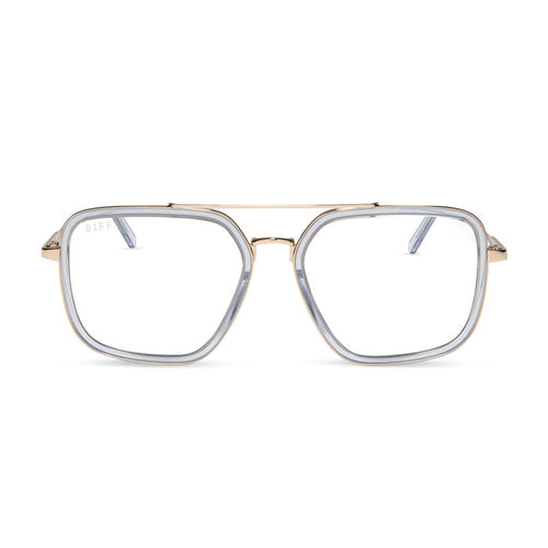 diff eyewear featuring the jordan navigator prescription glasses with a gold frame, clear crystal temple tips front view