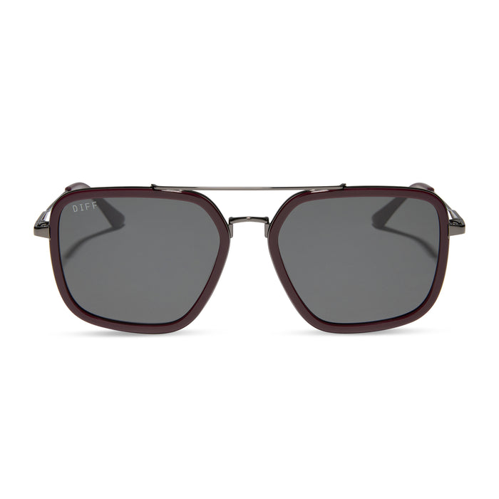 diff eyewear featuring the jordan navigator sunglasses with a dark cherry lacquer frame and grey gradient polarized lenses front view