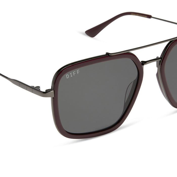 diff eyewear featuring the jordan navigator sunglasses with a dark cherry lacquer frame and grey gradient polarized lenses detailed view