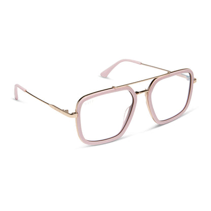 diff eyewear featuring the jordan navigator prescription glasses with a powder pink and gold frame angled view