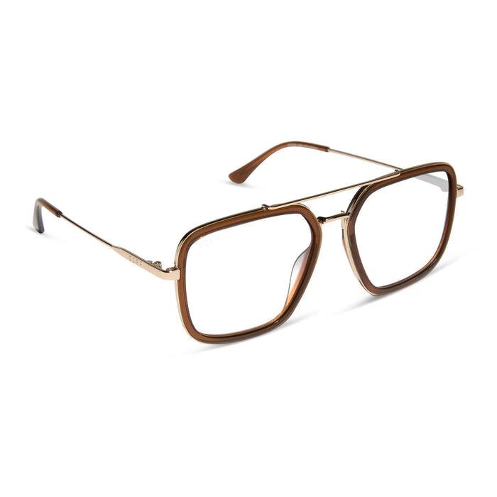 diff eyewear featuring the jordan navigator prescription glasses with a whiskey and gold frame angled view