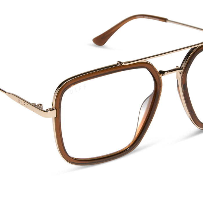 diff eyewear featuring the jordan navigator prescription glasses with a whiskey and gold frame detailed view