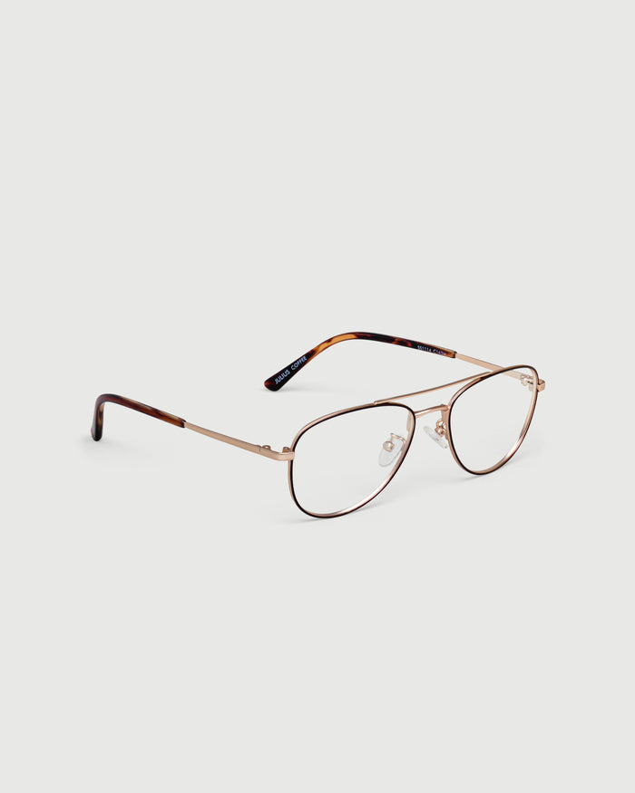 Coffee::Julius Eyeglasses pilot brown metal front diagonal