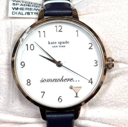 Kate Spade KSW1525 Womens Analog Quartz Metro Three-Hand Navy Blue Leather Strap Watch, 34mm