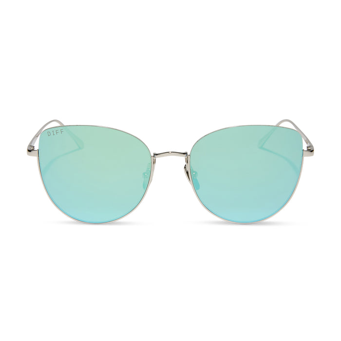 diff eyewear kinsley round sunglasses with a silver metal frame and aquatic awe teal mirror lenses front view