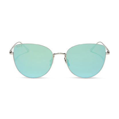 diff eyewear kinsley round sunglasses with a silver metal frame and aquatic awe teal mirror lenses front view