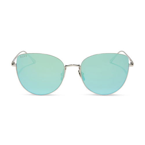 diff eyewear kinsley round sunglasses with a silver metal frame and aquatic awe teal mirror lenses front view
