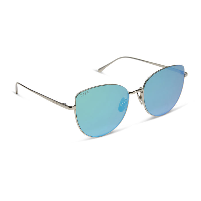 diff eyewear kinsley round sunglasses with a silver metal frame and aquatic awe teal mirror lenses angled view