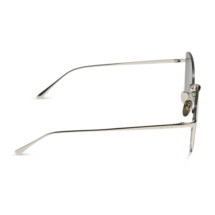 diff eyewear kinsley round sunglasses with a silver metal frame and aquatic awe teal mirror lenses side view