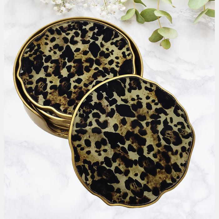 Kitchen Life Glass Coaster Cheetah Set Of 6 - Black & Gold