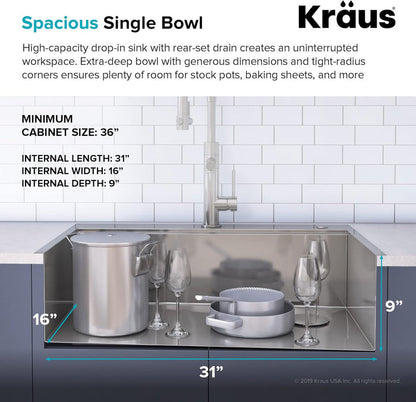 KRAUS KWT310-33/18 Kore Workstation 33-inch Drop-In 18 Gauge Single Bowl Stainless Steel Kitchen Sink with Integrated Ledge and Accessories