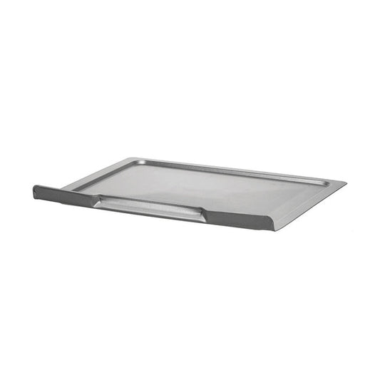Die Unold Krümelschublade für OFEN Electronic 68846 ist eine rechteckige Krümelschublade aus Metall mit einem einseitig erhöhten Rand, abgebildet auf weißem Hintergrund.
