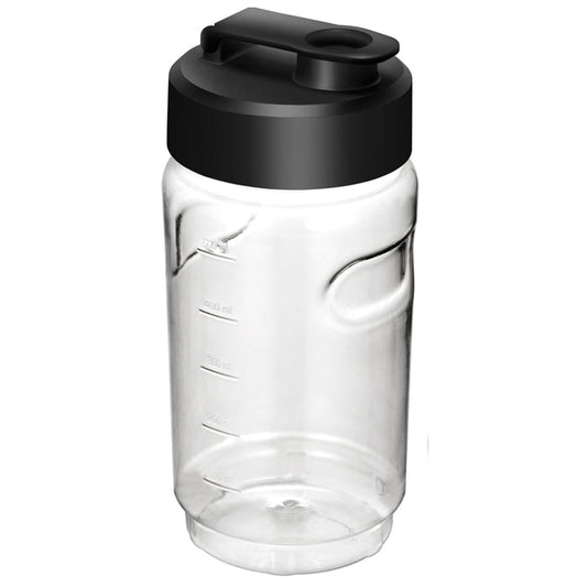 Der Unold Kunststoff-Trinkbehälter mit Deckel 600 ml für STANDMIXER To Go 78685 ist eine durchsichtige Plastikflasche mit Messmarkierungen und einem schwarzen Schraubdeckel mit Klappauslauf.