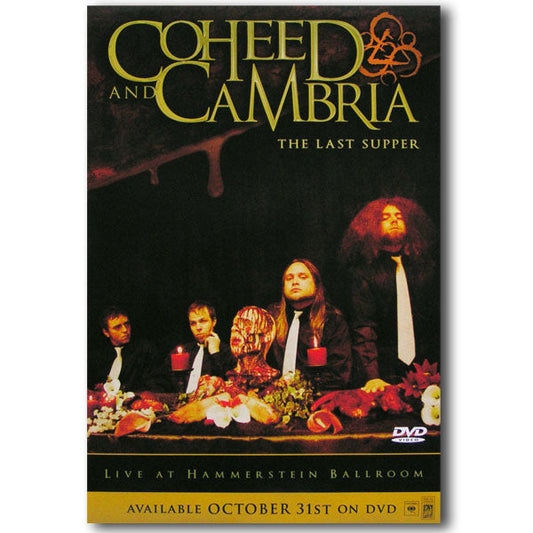 Coheed and Cambria DVD cover shows the band in black around a candlelit table with a mannequin head, evoking The Last Supper. Includes a folded poster. Release date: October 31st.