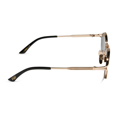 jessie james decker x diff eyewear featuring the limoncello oval sunglasses with a gold frame and grey lenses side view