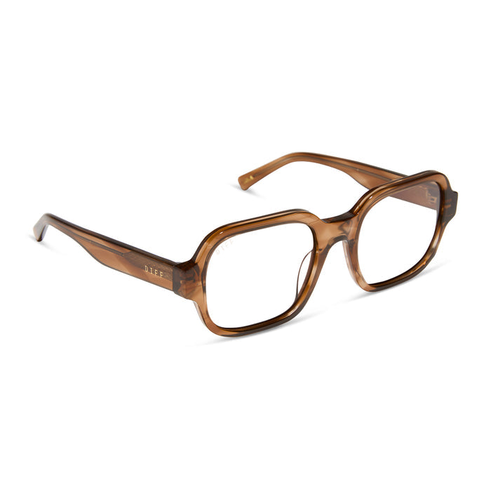 aspyn ovard x diff eyewear featuring the lola square prescription glasses with a tortoise frame angled view