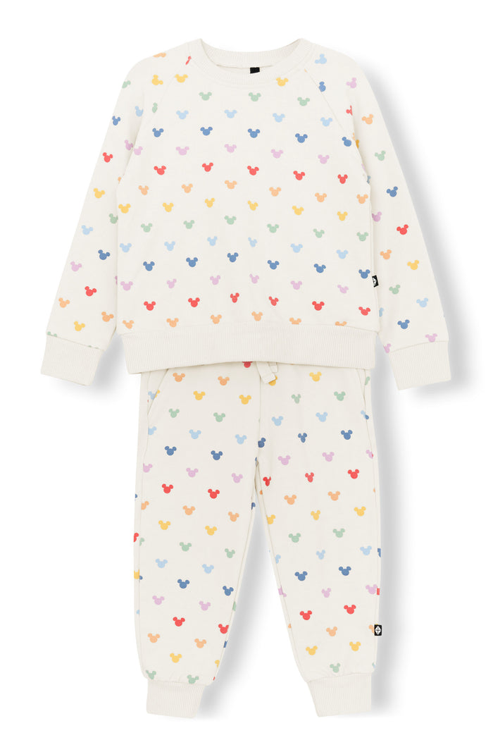 Long Sleeve Jogger Set with Pastel Mickey Mouse pattern on an oat background