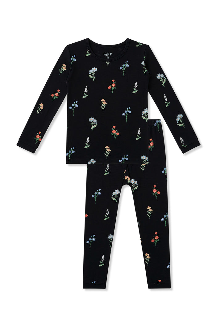 Black Long Sleeve Pajamas in Wildflower print on a white background