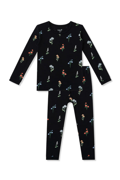 Black Long Sleeve Pajamas in Wildflower print on a white background